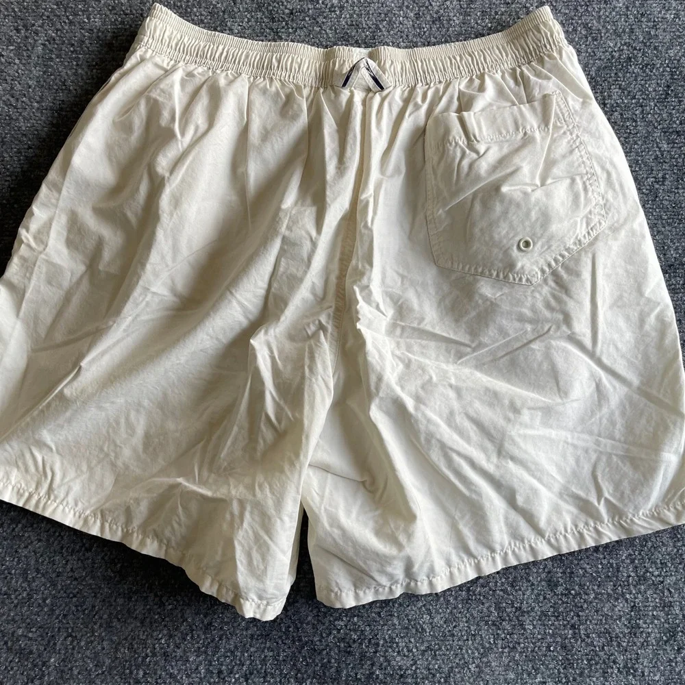 Speedo Mens Vintage Swim Trunks Cream Navy Blue Side‎ Stripe Mesh Liner Large